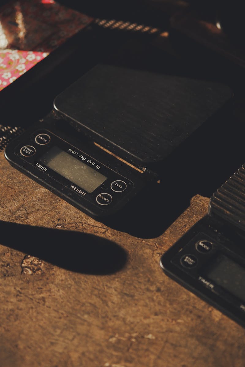 Digital kitchen scale on a wooden surface